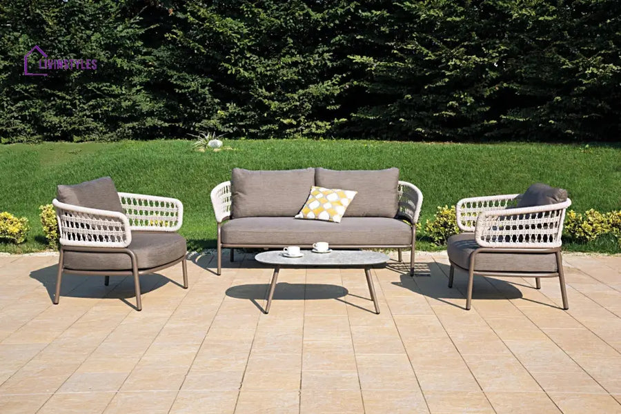 Kodjo Outdoor Garden Balcony Sofa Set 2 Seater 2 Single Seater 1 Center Table Set Braid & Rope (Taupe + Beige) - Sofa