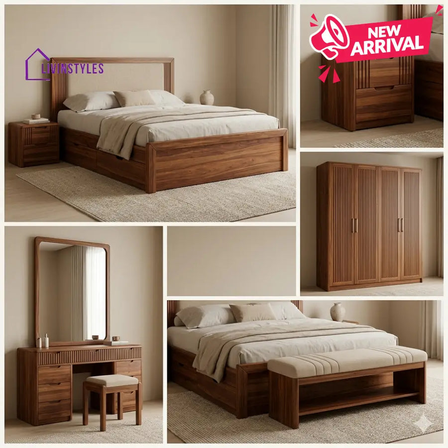 Komal Solid Sheesham Wood Bedroom Set with Bed Bedside Tables Bench Wardrobe & Dresser
