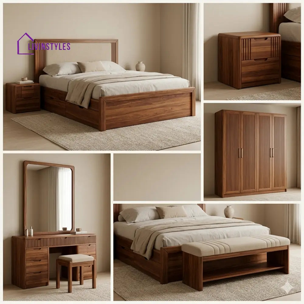 Komal Solid Sheesham Wood Bedroom Set with Bed Bedside Tables Bench Wardrobe & Dresser