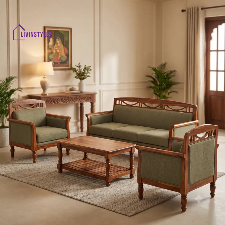 Komalavalli Wooden Sofa Set | 3 + 1 + 1 Sheesham Wood Sofa Set for Living Room
