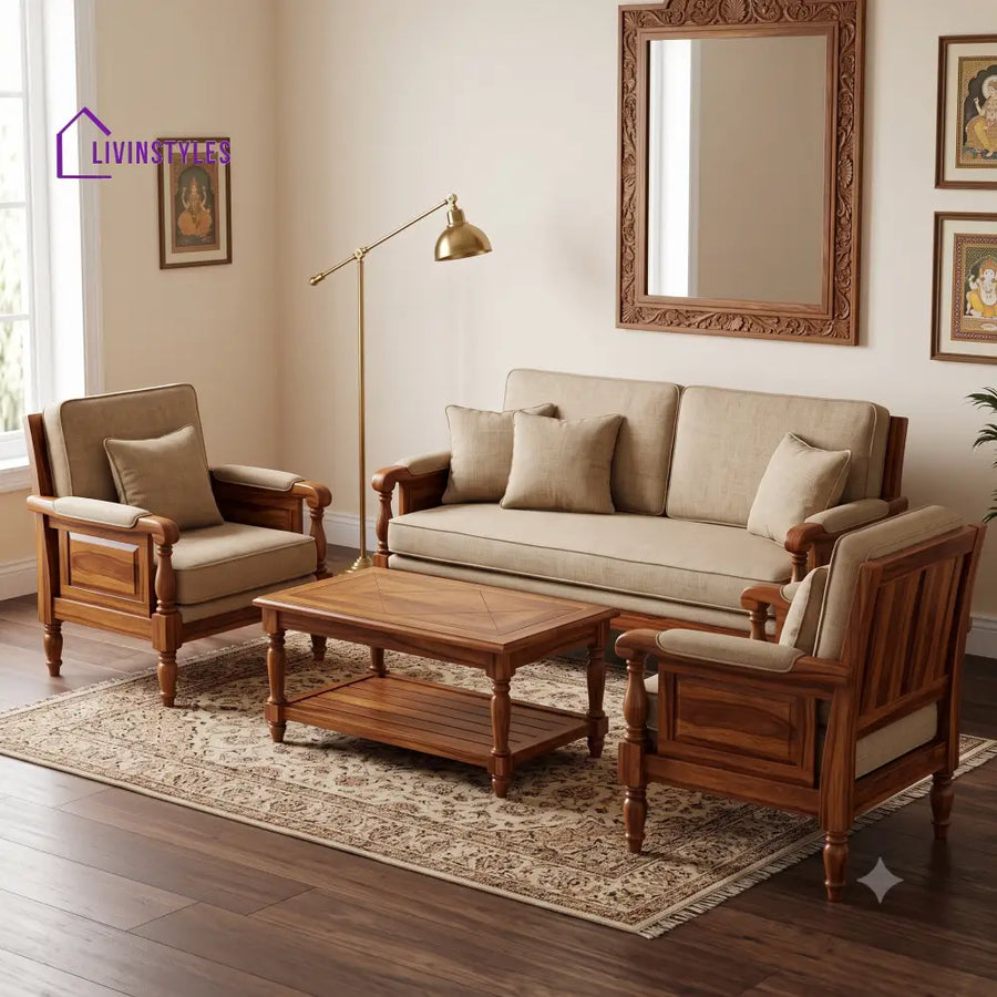 Kowsalya Wooden Sofa Set | 3 + 1 + 1 Sheesham Wood Sofa Set for Living Room