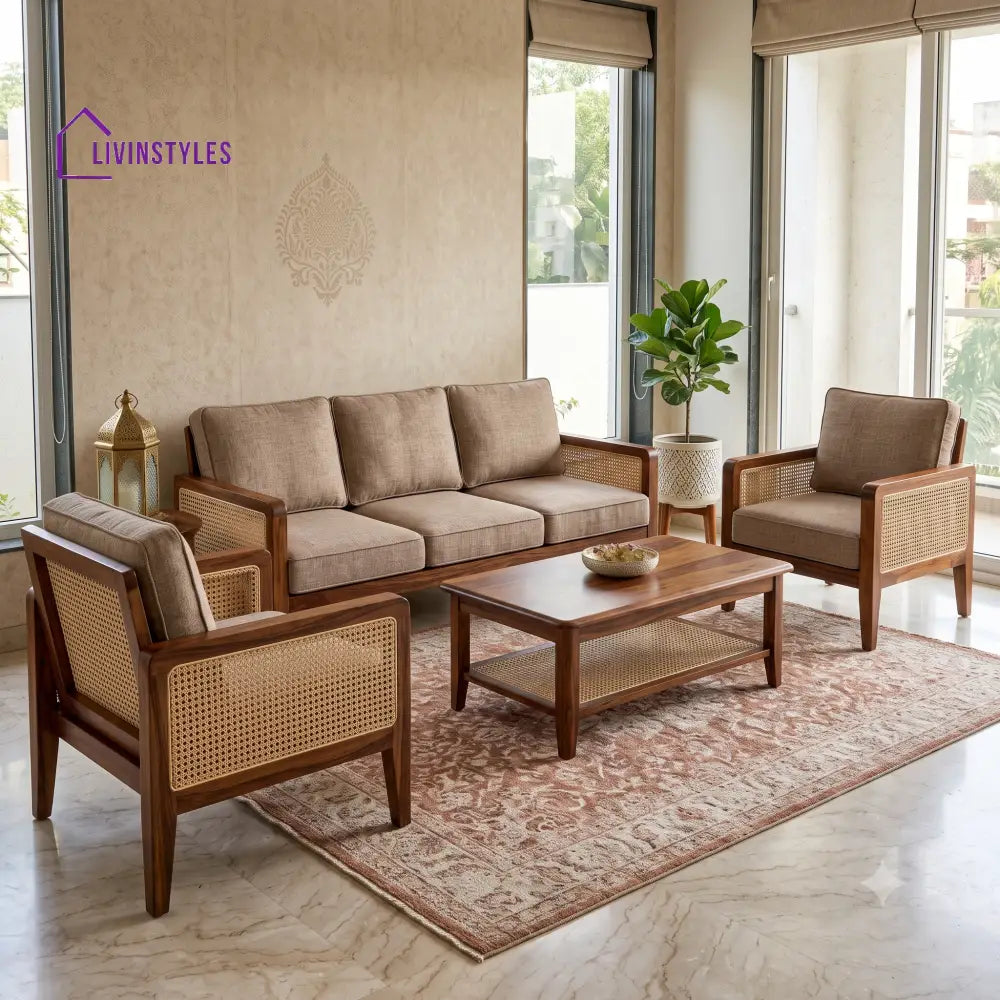 Kowsika Wooden Sofa Set | 3 + 1 + 1 Sheesham Wood Sofa Set for Living Room