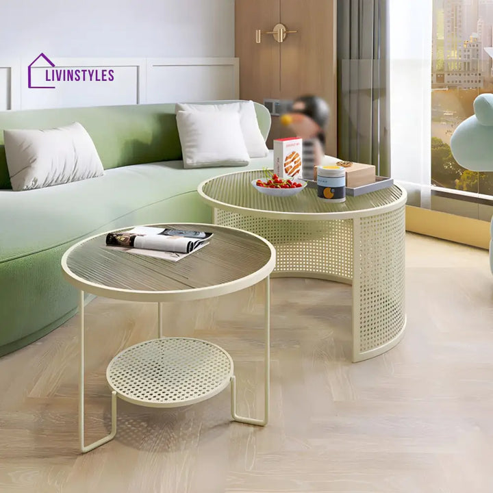 Krish Coffee Table Set for Living Room | Stainless Steel Frame and Fluted Glass Top