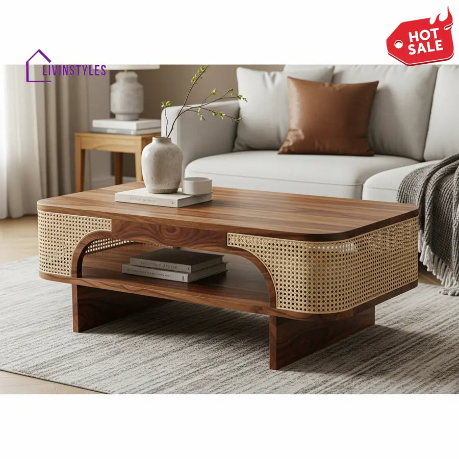 Krish Sheesham Wood & Cane Coffee Table for Living Room – Honey Finish