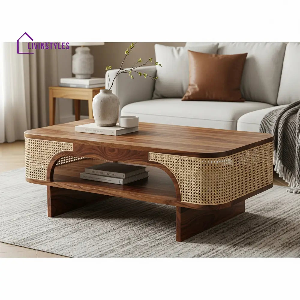Krish Sheesham Wood & Cane Coffee Table for Living Room – Honey Finish