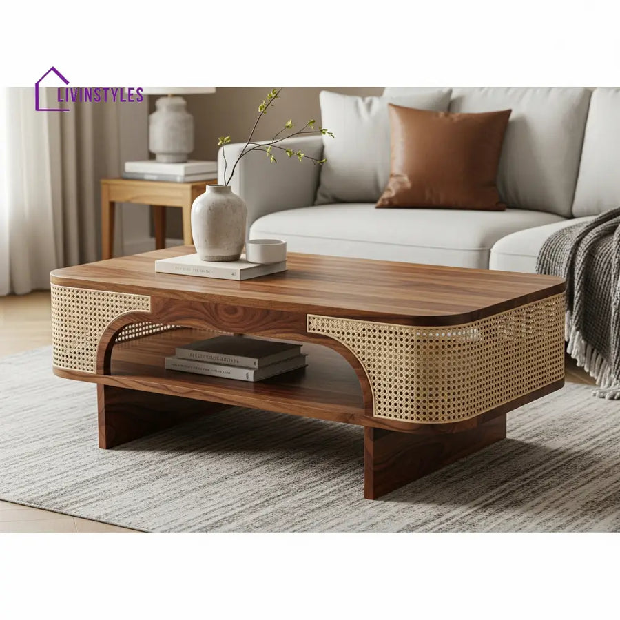Krish Sheesham Wood & Cane Coffee Table for Living Room – Honey Finish