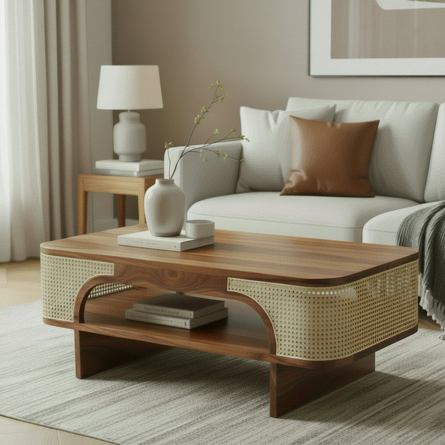 Krish Sheesham Wood & Cane Coffee Table for Living Room – Honey Finish