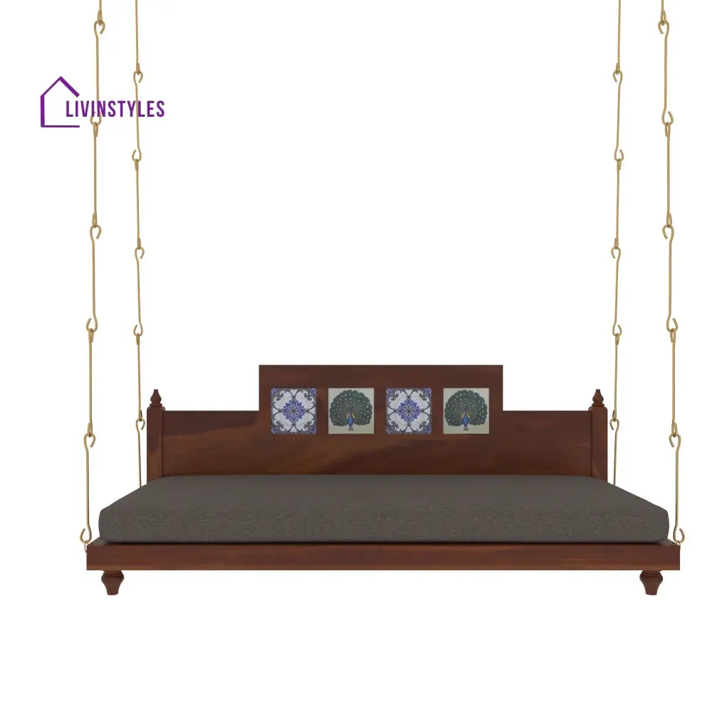 Krisha Artistic Wooden Swing with Hand Painted Peacock Tiles – Balcony Jhula with Cushioned Seating Swing