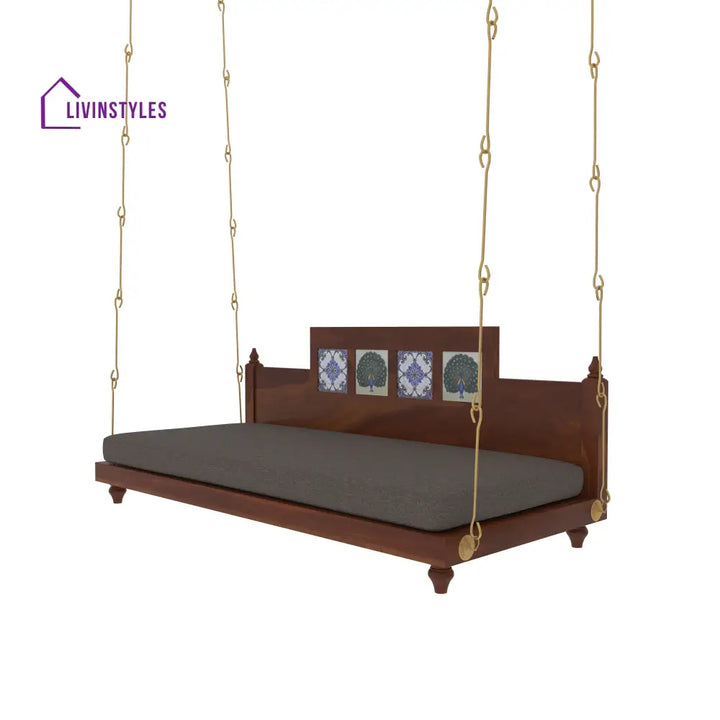 Krisha Artistic Wooden Swing with Hand Painted Peacock Tiles – Balcony Jhula with Cushioned Seating Swing