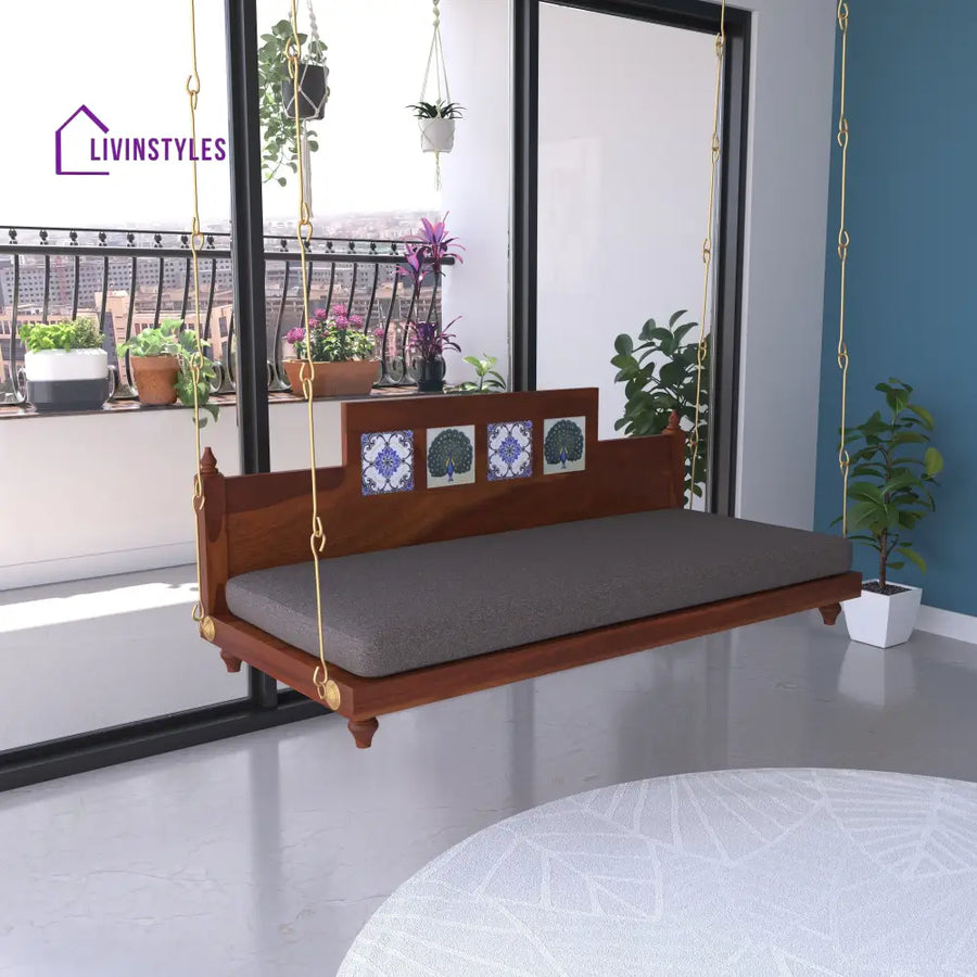 Krisha Artistic Wooden Swing with Hand Painted Peacock Tiles – Balcony Jhula with Cushioned Seating Swing