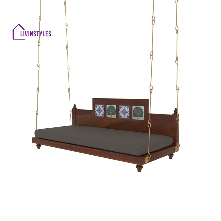 Krisha Artistic Wooden Swing with Hand Painted Peacock Tiles – Balcony Jhula with Cushioned Seating Swing