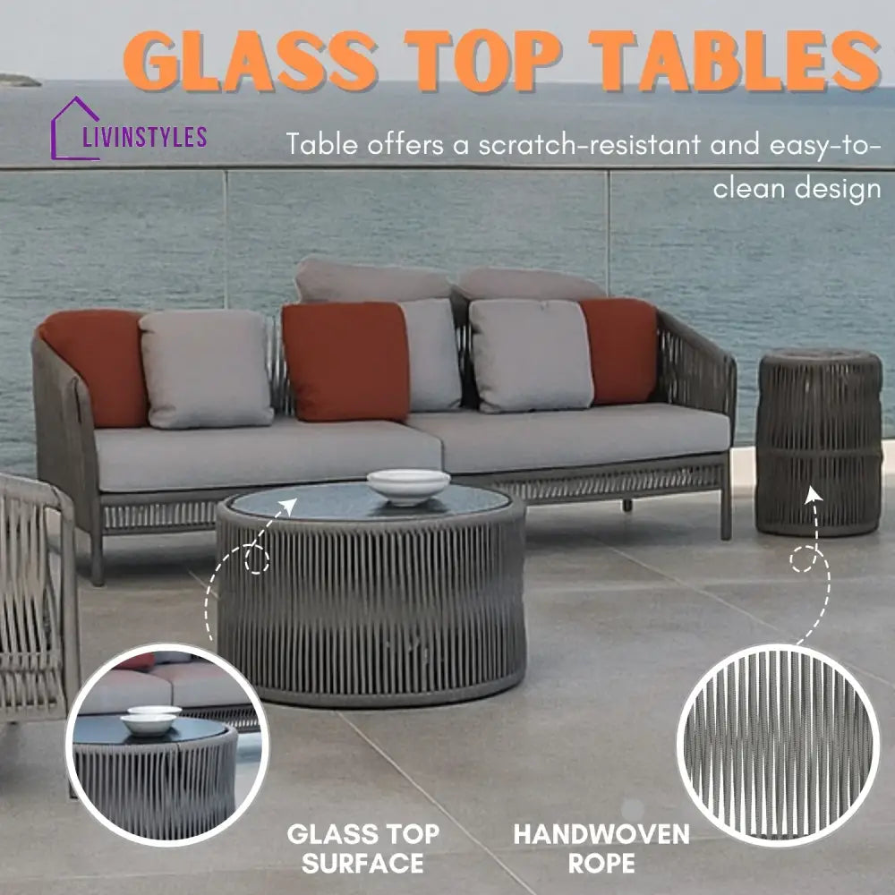 Krisha Outdoor 5 Seater Rope Patio Sofa Set with Center Table and Side Table - Sofa Set
