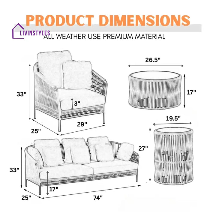 Krisha Outdoor 5 Seater Rope Patio Sofa Set with Center Table and Side Table - Sofa Set
