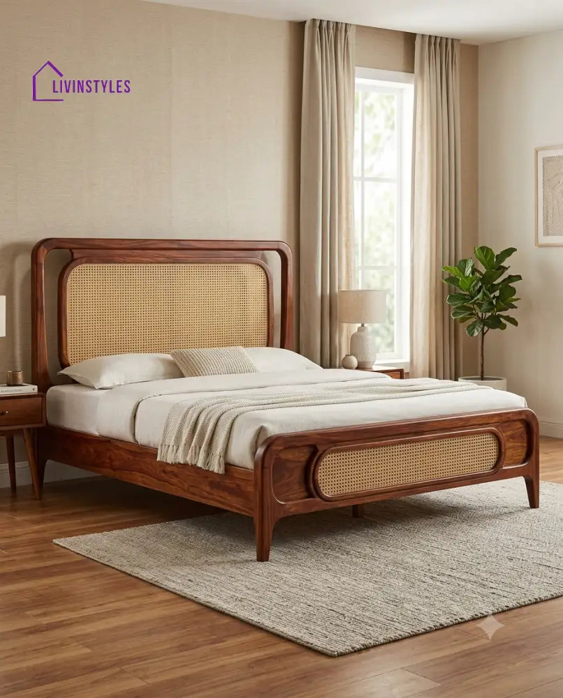 Krishnan Wooden Bed with Cane Weaving Headboard Design | Bed without Storage