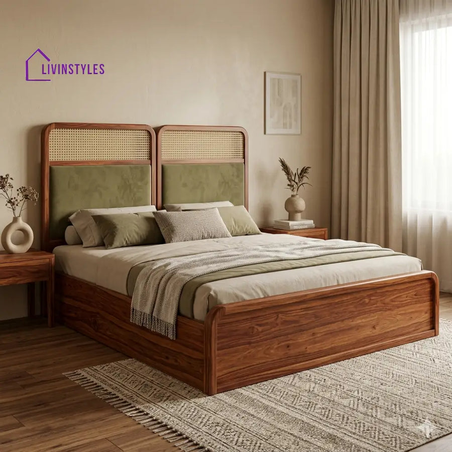 Kristina Premium Sheesham Wood Bed with Velvet Headboard