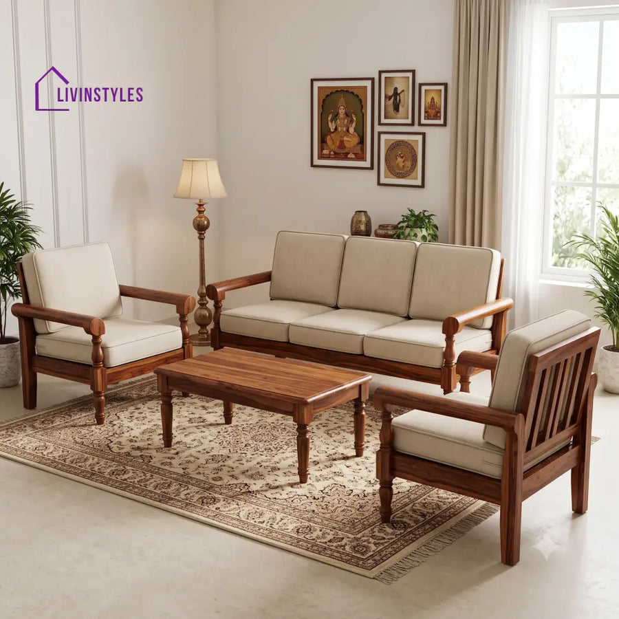 Krithika Wooden Sofa Set | 3 + 1 + 1 Sheesham Wood Sofa Set for Living Room