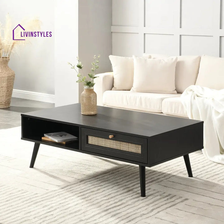 Frances Woven Rattan Wooden Coffee Table in Black Colour Coffee Tables & Nesting Tables