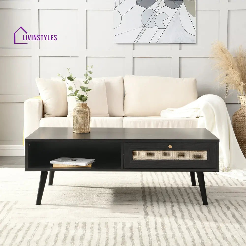 Frances Woven Rattan Wooden Coffee Table in Black Colour Coffee Tables & Nesting Tables
