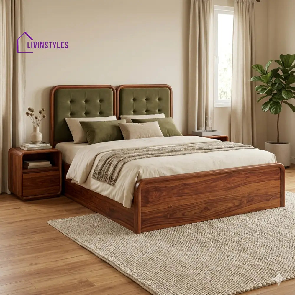 Ksenia Premium Sheesham Wood Bed with Velvet Headboard