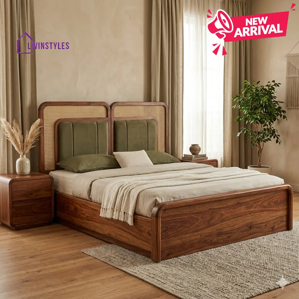 Ksenia Premium Sheesham Wood Bed with Velvet Headboard