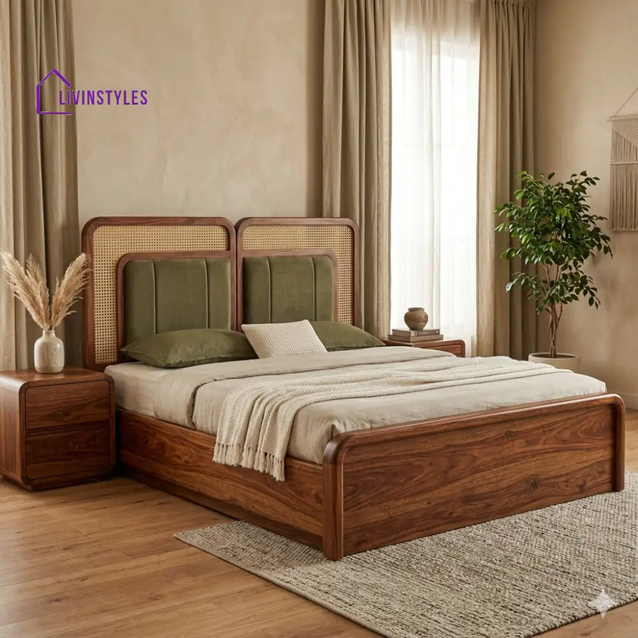Ksenia Premium Sheesham Wood Bed with Velvet Headboard