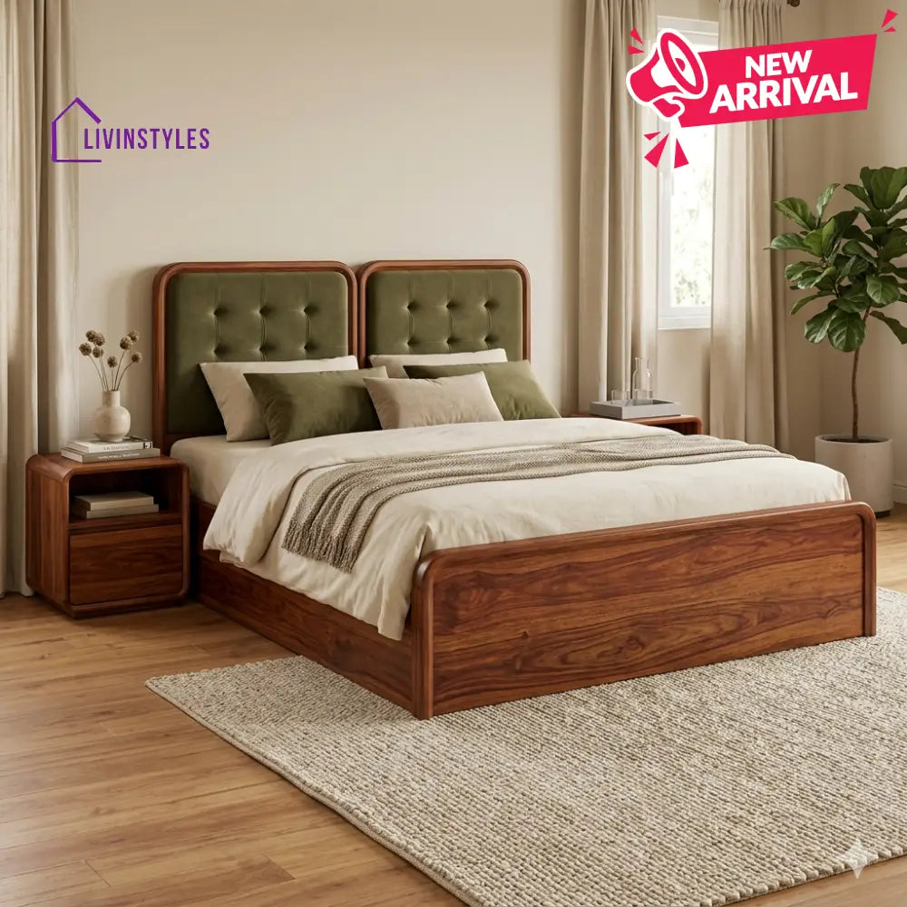 Ksenia Premium Sheesham Wood Bed with Velvet Headboard