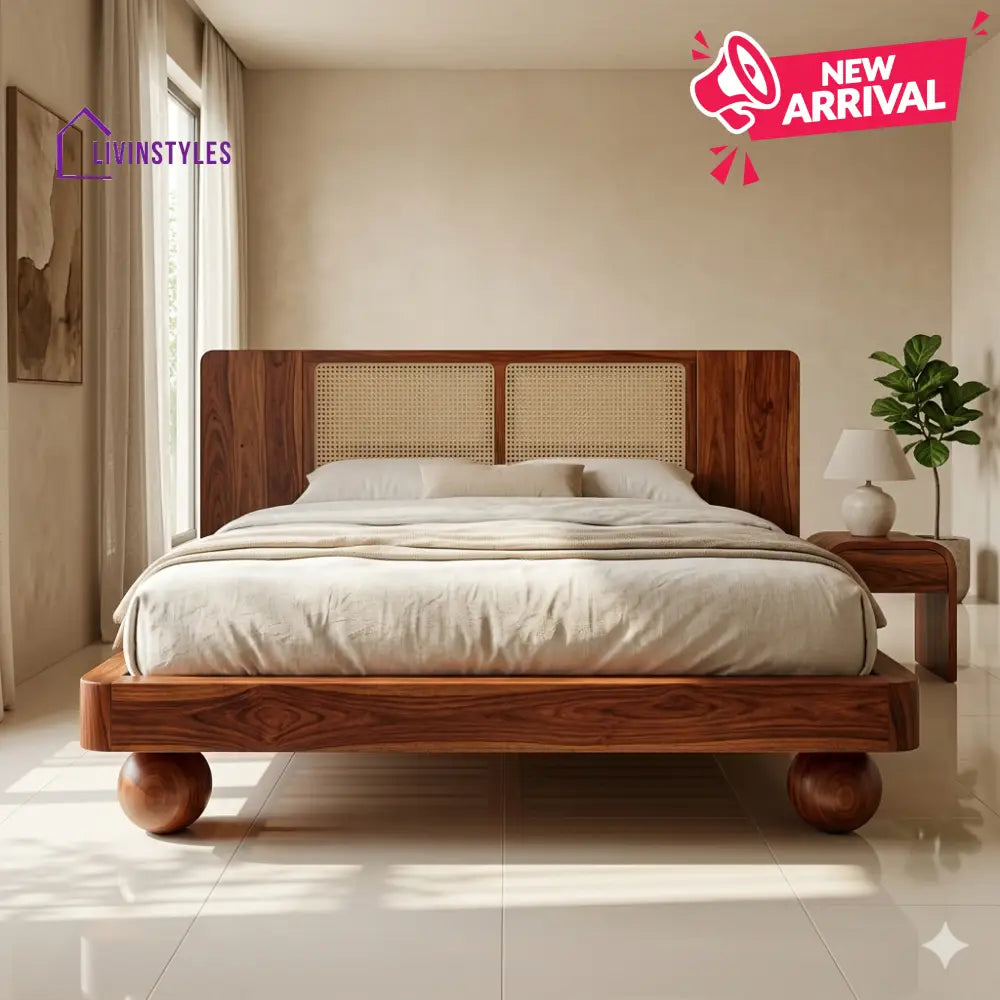 Ksenia Sheesham Wood Bed with Ball Shaped Legs and Cane Weaving Headboard