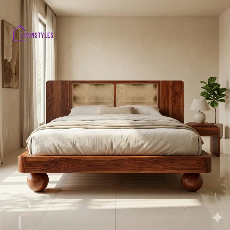 Ksenia Sheesham Wood Bed with Ball Shaped Legs and Cane Weaving Headboard