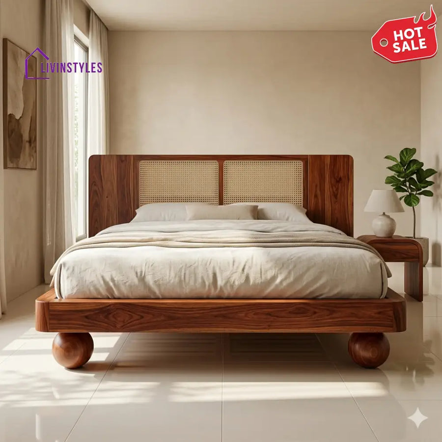 Ksenia Sheesham Wood Bed with Ball Shaped Legs and Cane Weaving Headboard