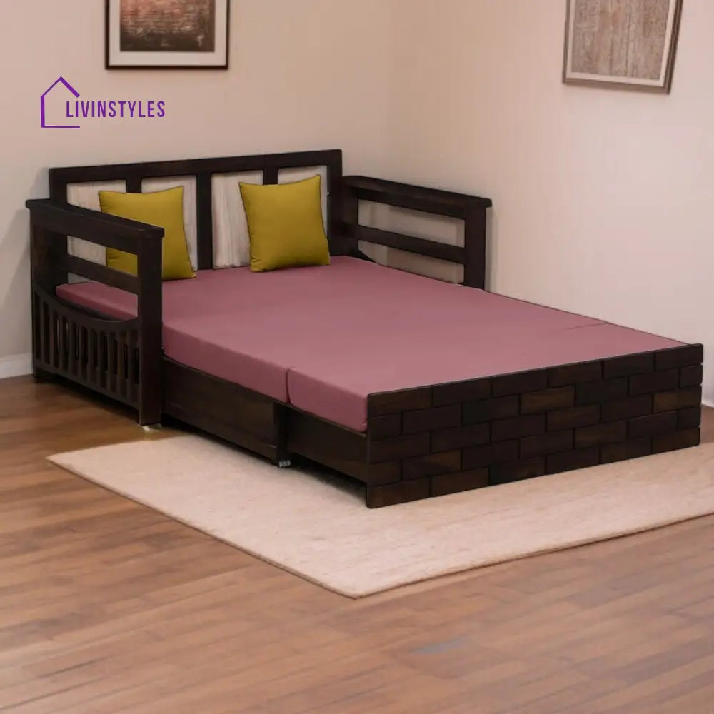 Indus Sheesham Wood Pull Out 2 Seater Sofa Cum Bed In Provincial Teak Finish with Storage