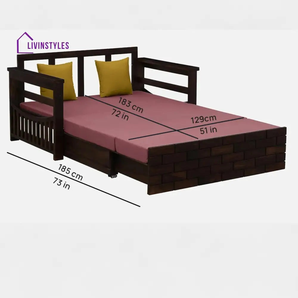 Indus Sheesham Wood Pull Out 2 Seater Sofa Cum Bed In Provincial Teak Finish with Storage