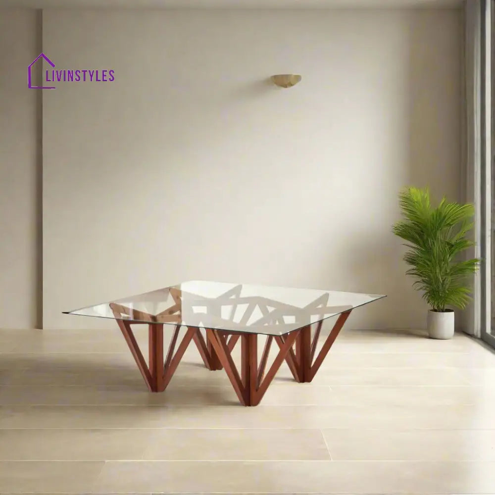 Kunal Sheesham Wood Base Glass Top Coffee Table (Glass Top Square W100 D100 H35 cm) Coffee Table