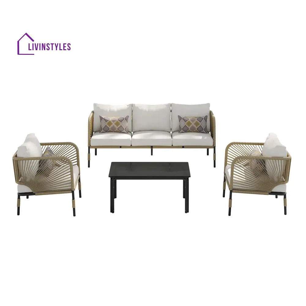 Kylie Outdoor Sofa Set 3 Seater 2 Single seater and 1 Center Table Braided & Rope(Tan) - Sofa Sets