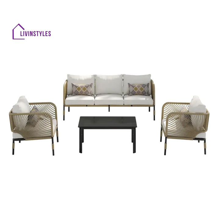 Kylie Outdoor Sofa Set 3 Seater 2 Single seater and 1 Center Table Braided & Rope(Tan) - Sofa Sets
