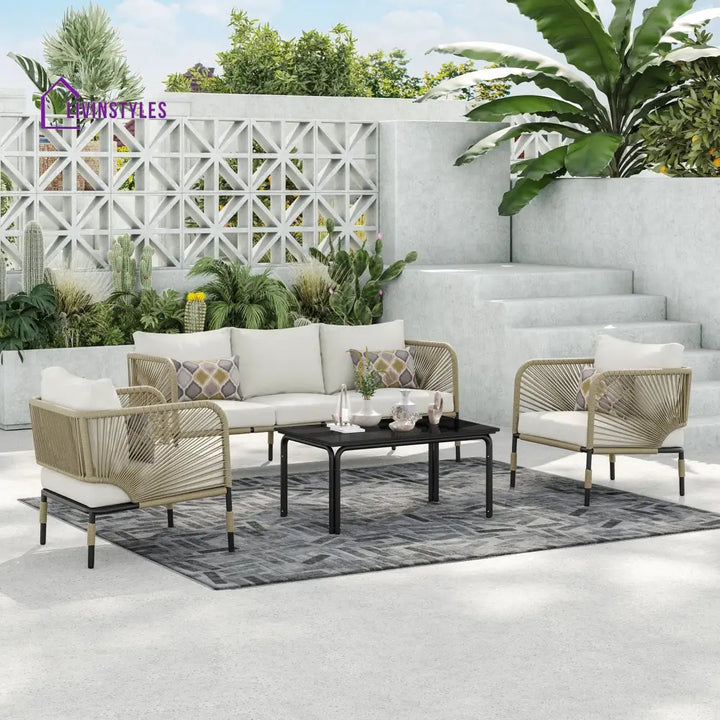 Kylie Outdoor Sofa Set 3 Seater 2 Single seater and 1 Center Table Braided & Rope(Tan) - Sofa Sets