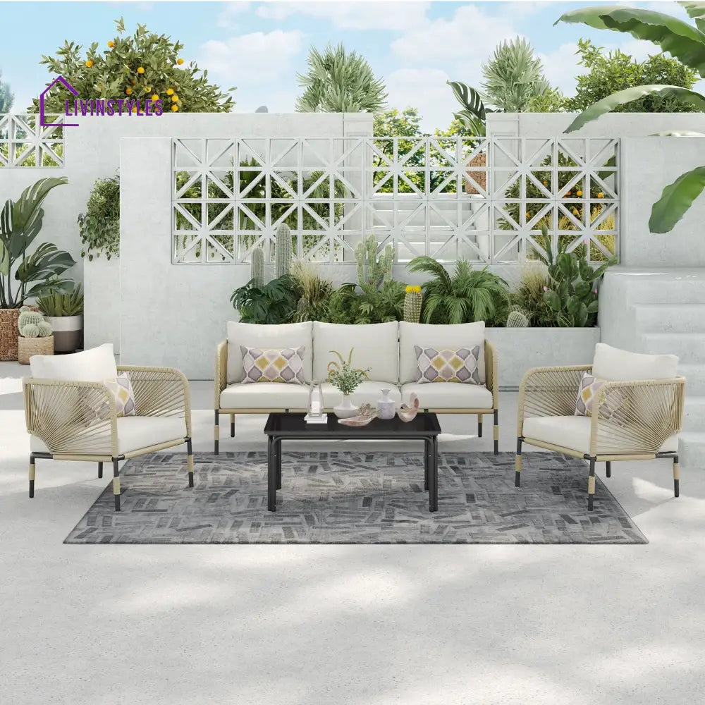 Kylie Outdoor Sofa Set 3 Seater 2 Single seater and 1 Center Table Braided & Rope(Tan) - Sofa Sets