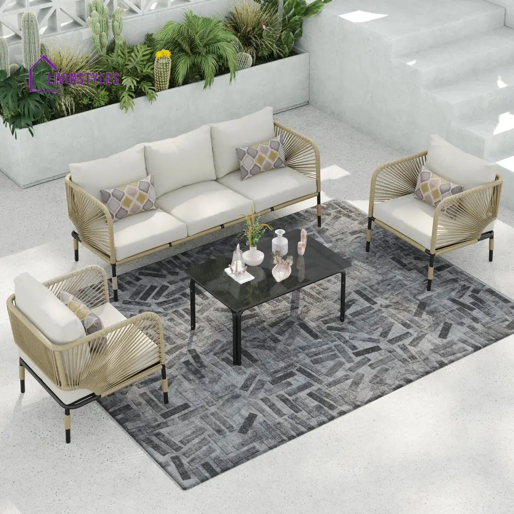 Kylie Outdoor Sofa Set 3 Seater 2 Single seater and 1 Center Table Braided & Rope(Tan) - Sofa Sets