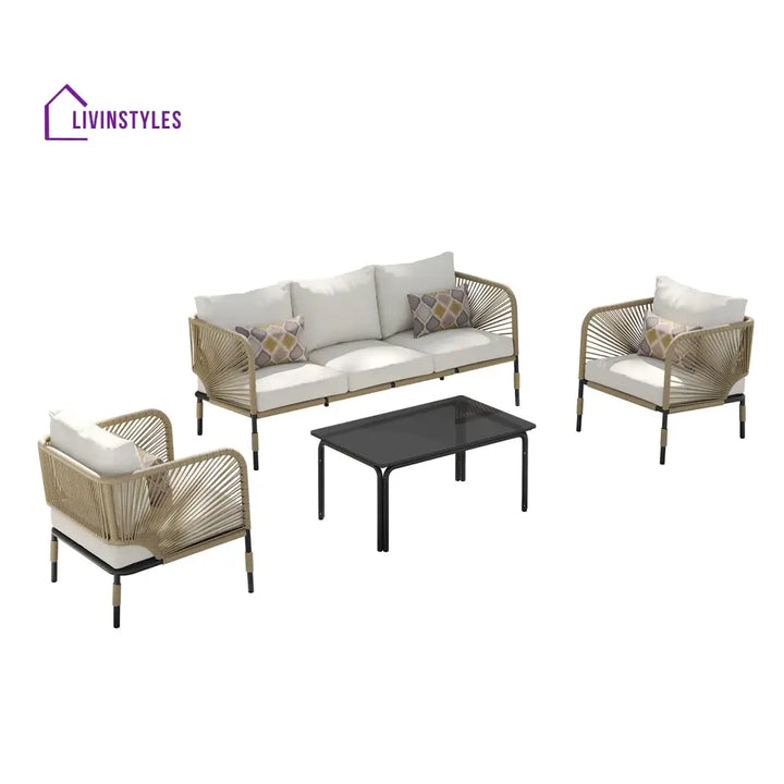 Kylie Outdoor Sofa Set 3 Seater 2 Single seater and 1 Center Table Braided & Rope(Tan) - Sofa Sets