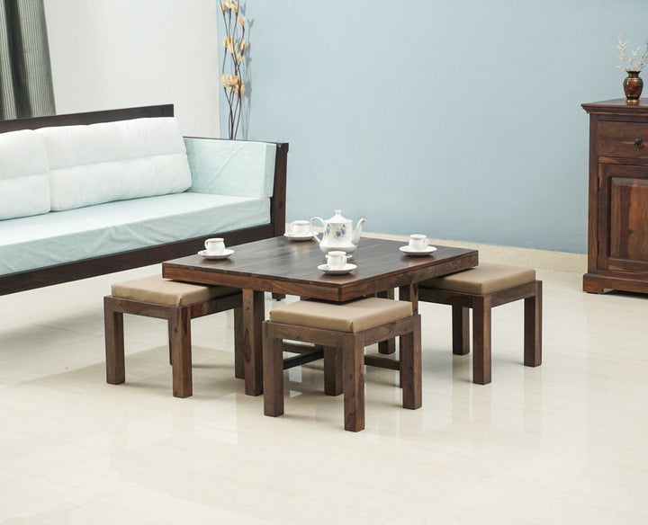 Alina Sheesham Wood Coffee Table Set With Four Stools