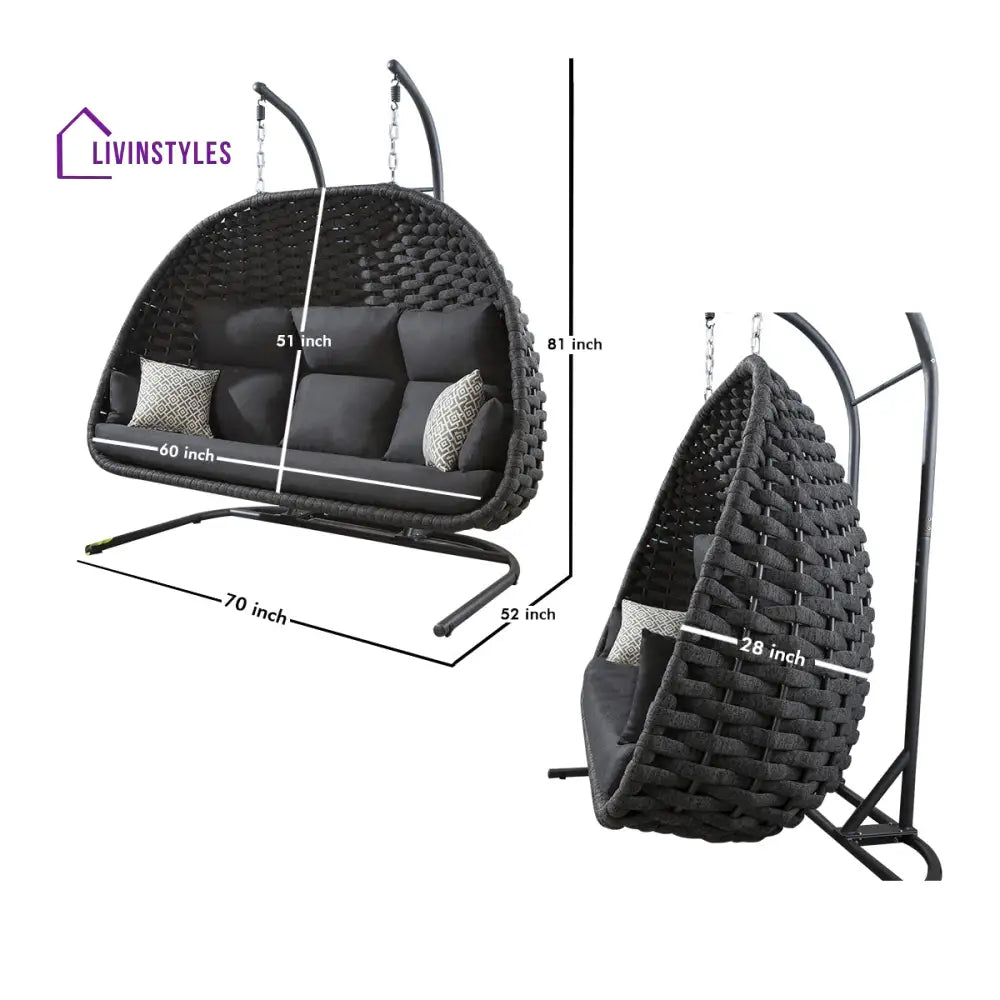 Lace Three Seater Hanging Swing With Stand For Balcony Garden Swing (Silk Grey) Braid & Rope - Swings