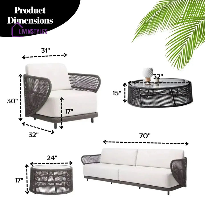 Laken Outdoor Rope 4 Seater Sofa Set With Glass Top Tables - Sofa Set