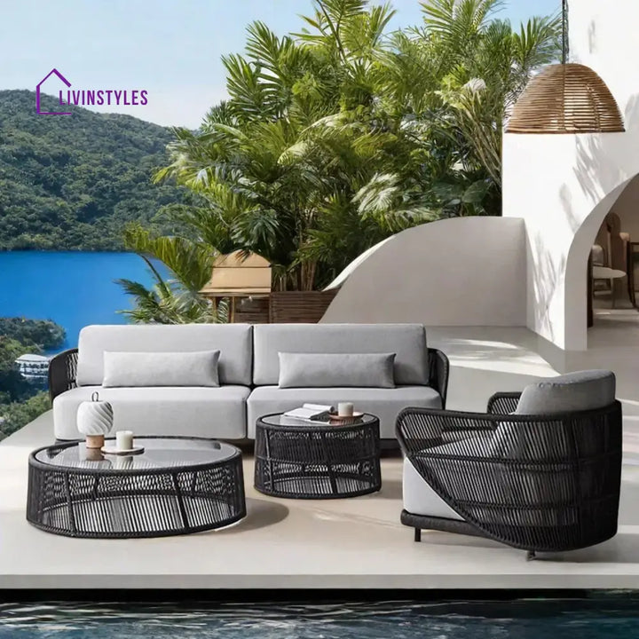 Laken Outdoor Rope 4 Seater Sofa Set With Glass Top Tables - Sofa Set
