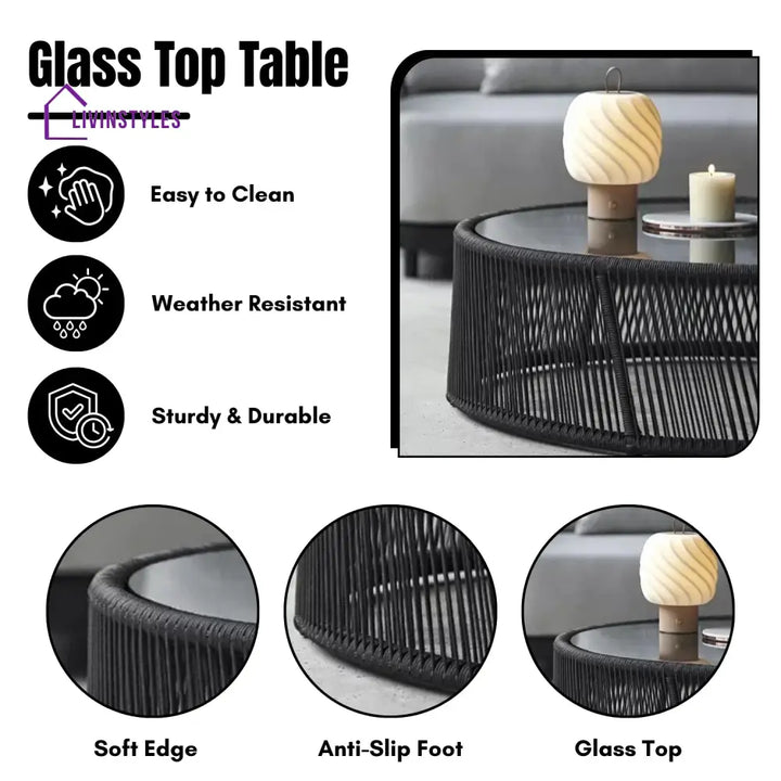 Laken Outdoor Rope 4 Seater Sofa Set With Glass Top Tables - Sofa Set