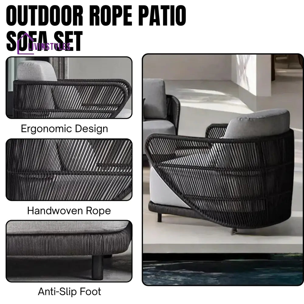 Laken Outdoor Rope 4 Seater Sofa Set With Glass Top Tables - Sofa Set