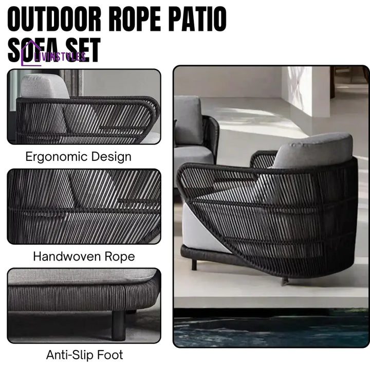 Laken Outdoor Rope 4 Seater Sofa Set With Glass Top Tables - Sofa Set
