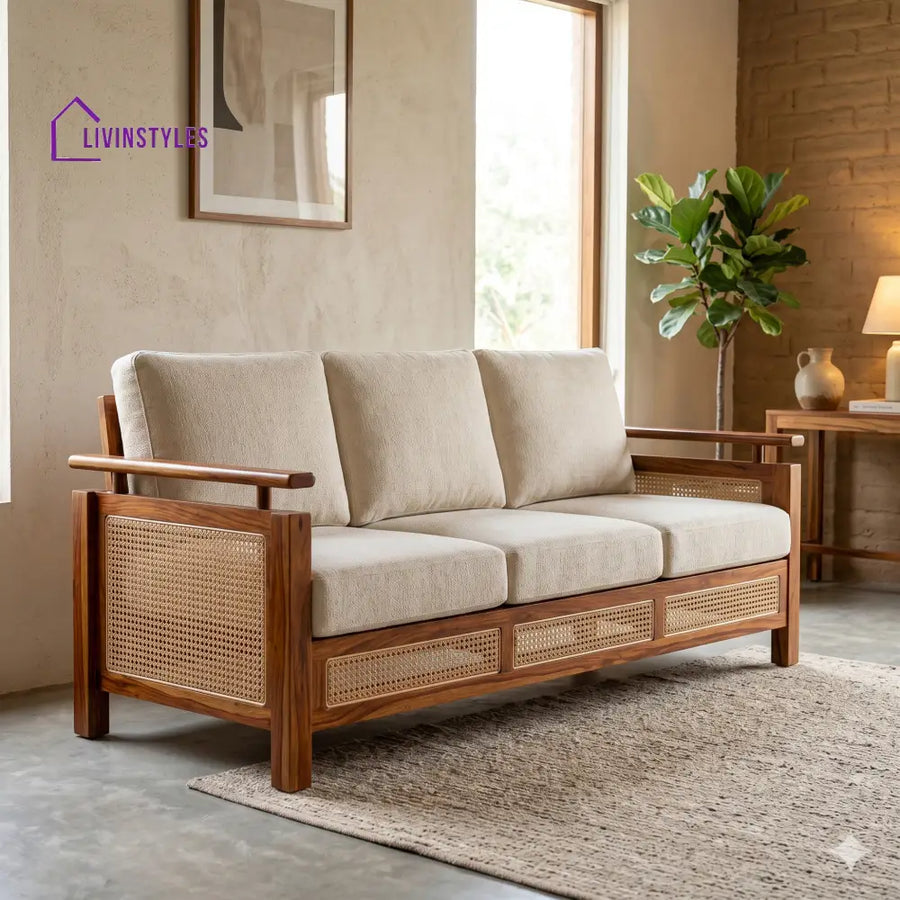 Laksh Sheesham Wood and Cane Sofa for Living Room