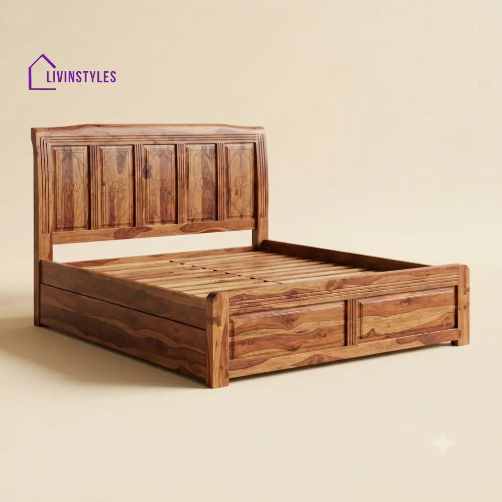 Lakshmi Sheesham Wood Bed With Box Storage | Wooden Bed