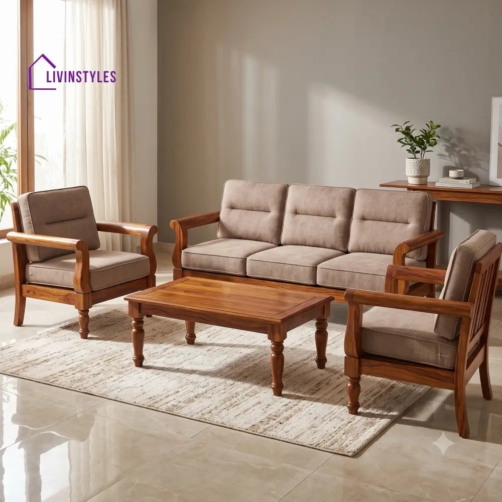 Lakshmi Wooden Sofa Set | 3 + 1 + 1 Sheesham Wood Sofa Set for Living Room