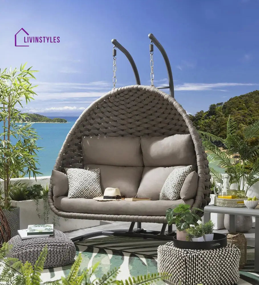 Lakshya Double Seater Hanging Swing With Stand For Balcony| Garden (Silk Grey) Braid & Rope Swings