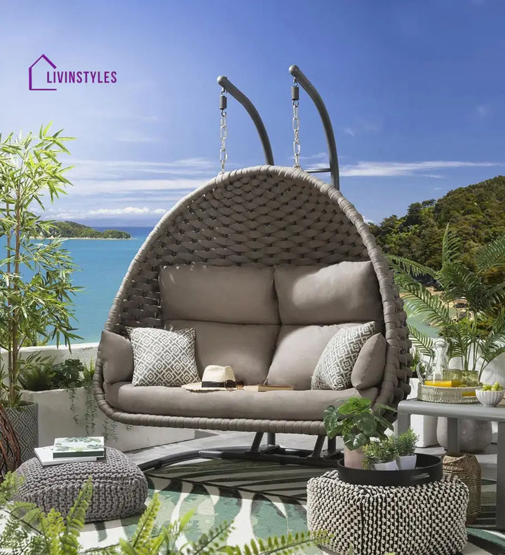 Lakshya Double Seater Hanging Swing With Stand For Balcony| Garden (Silk Grey) Braid & Rope Swings